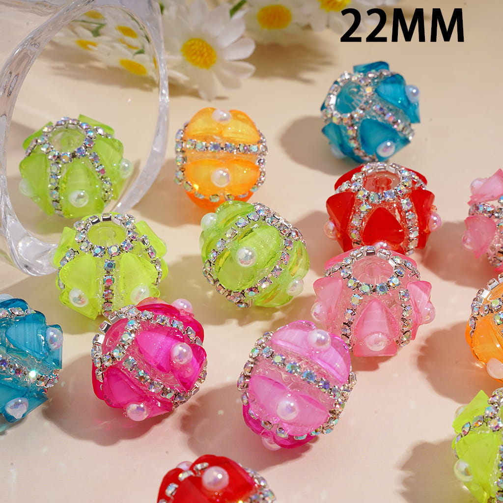 Handmade Clear Acrylic Beads with Shiny Heart and Half-Shell Pearls, AB Rhinestone Chains, Neon Color, 22MM