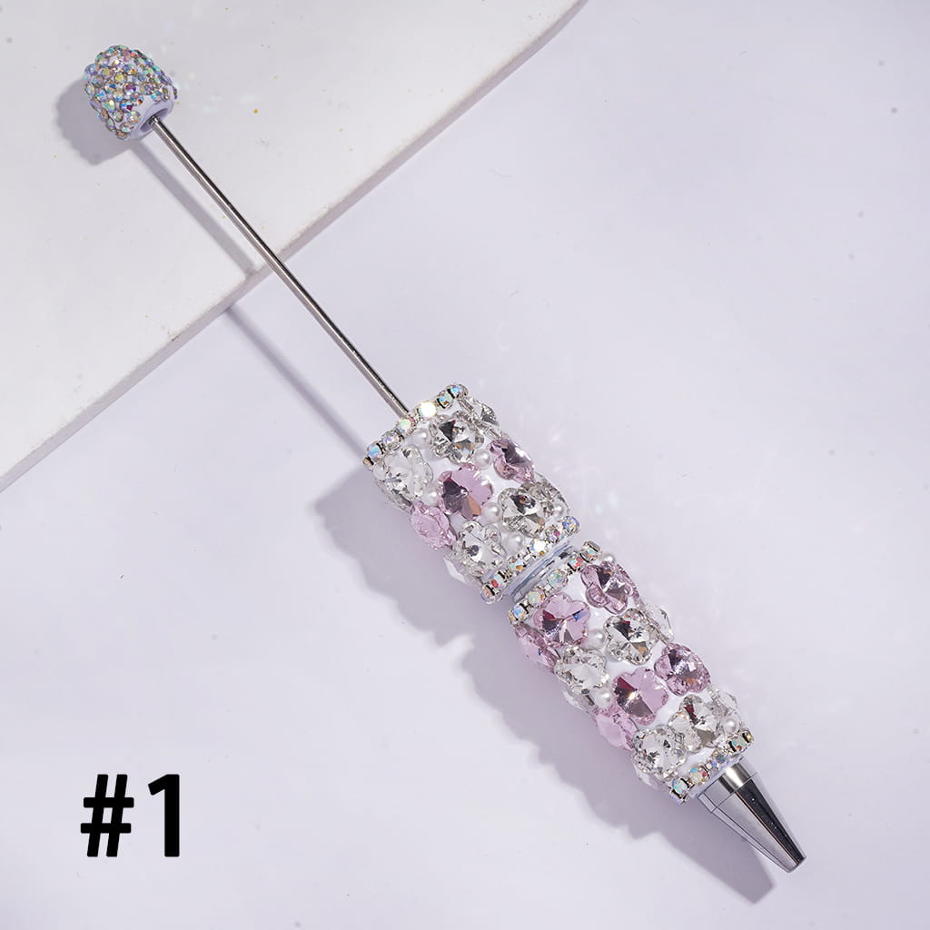 Beadable Clay Pens with Double Colors Flowers and AB Rhinestone Chains White Pearls, AB Rhinestones Covered the Entire Pen Topper