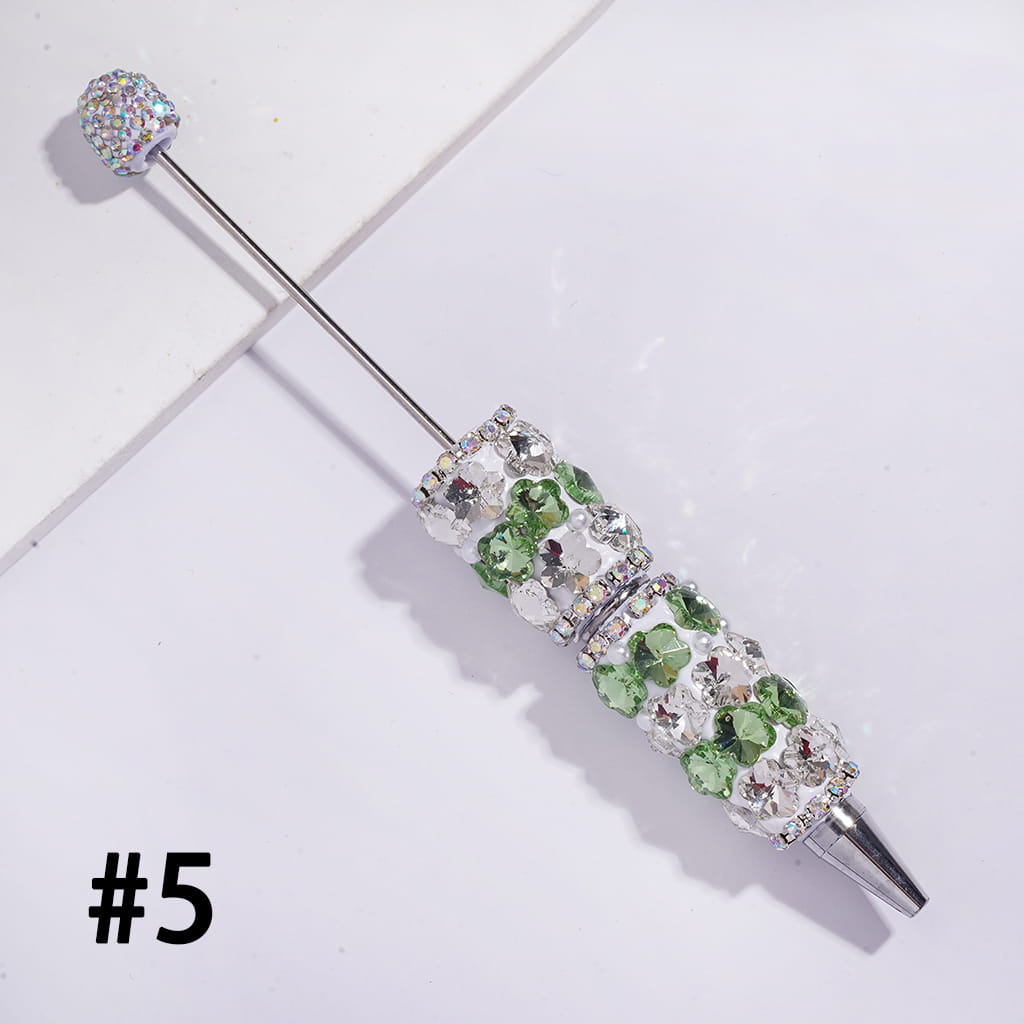 Beadable Clay Pens with Double Colors Flowers and AB Rhinestone Chains White Pearls, AB Rhinestones Covered the Entire Pen Topper