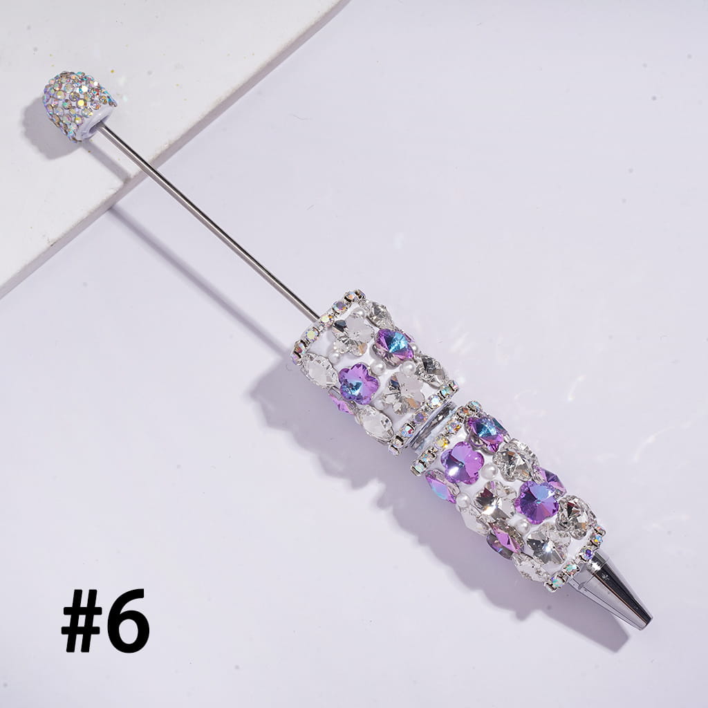 Beadable Clay Pens with Double Colors Flowers and AB Rhinestone Chains White Pearls, AB Rhinestones Covered the Entire Pen Topper