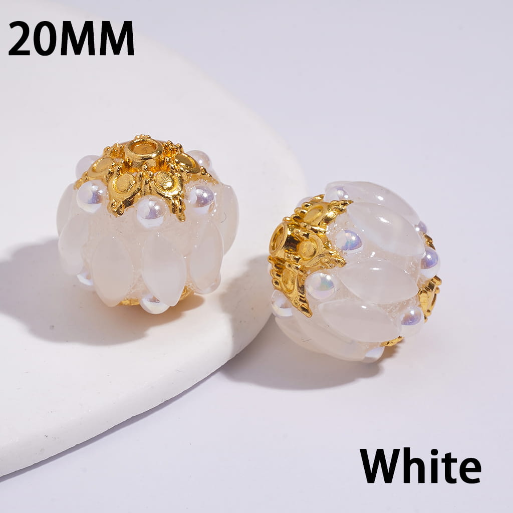 Handmade Acrylic Beads w Gold Alloy Six Pointed Flower on Both Base Sides, w Salix Leaf Rhinestones and Half-Shell Pearls, Candy Colors, 20MM