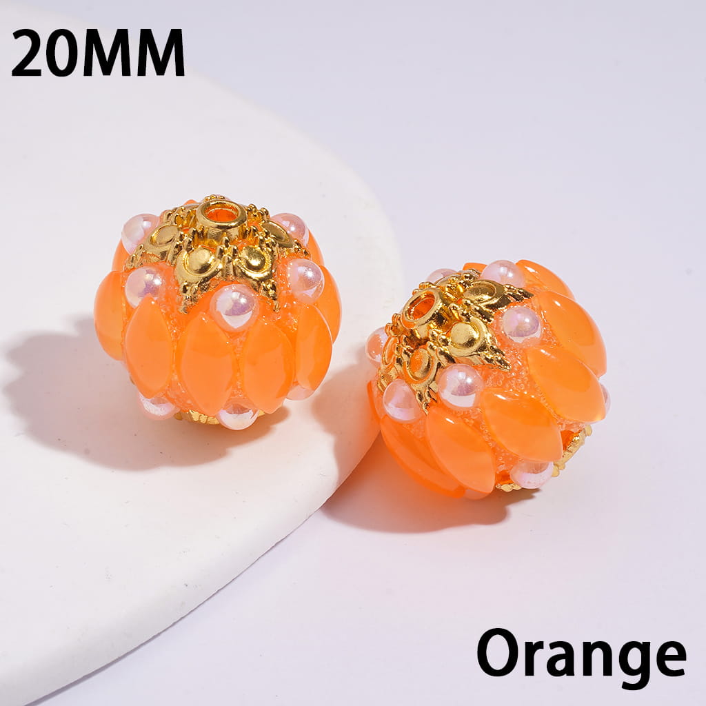 Handmade Acrylic Beads w Gold Alloy Six Pointed Flower on Both Base Sides, w Salix Leaf Rhinestones and Half-Shell Pearls, Candy Colors, 20MM