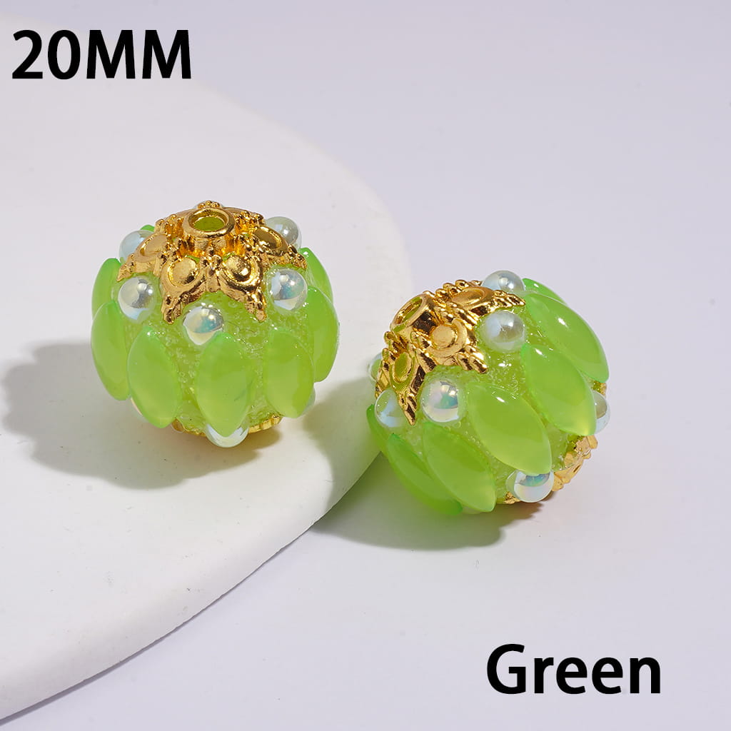 Handmade Acrylic Beads w Gold Alloy Six Pointed Flower on Both Base Sides, w Salix Leaf Rhinestones and Half-Shell Pearls, Candy Colors, 20MM