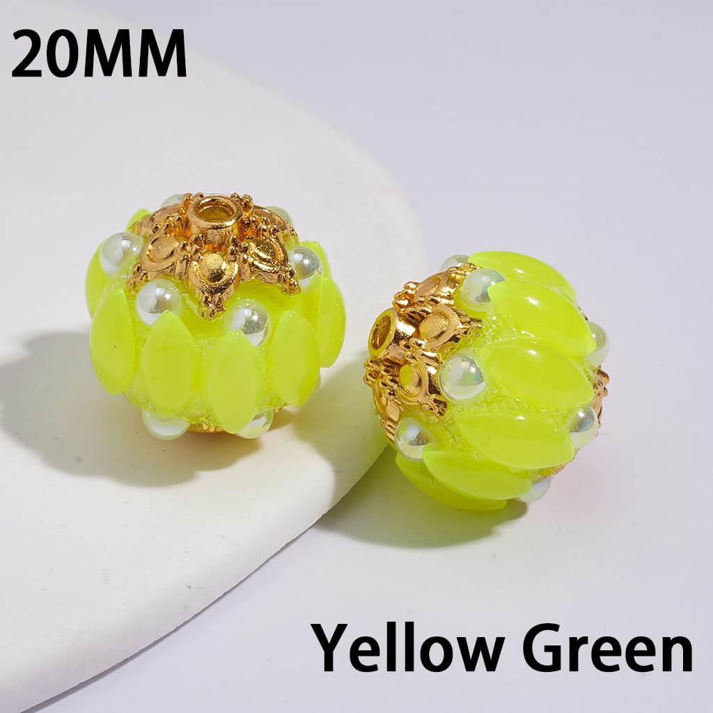 Handmade Acrylic Beads w Gold Alloy Six Pointed Flower on Both Base Sides, w Salix Leaf Rhinestones and Half-Shell Pearls, Candy Colors, 20MM