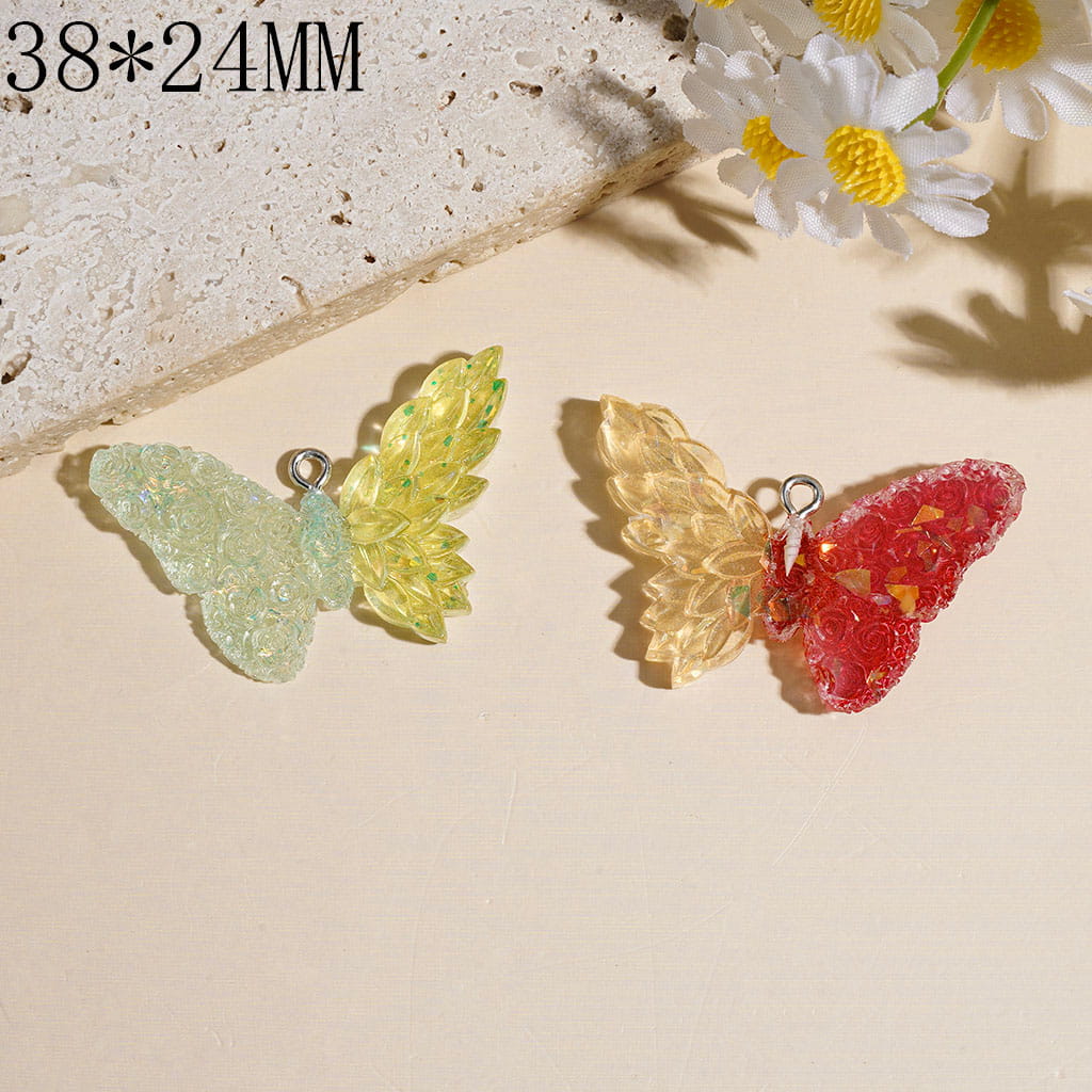 Butterfly with Matte Frosted Rose Flower & Gold Foil Paper on Wings Acrylic Charms, 38*24MM, Two-Tone Colors, Random Mix