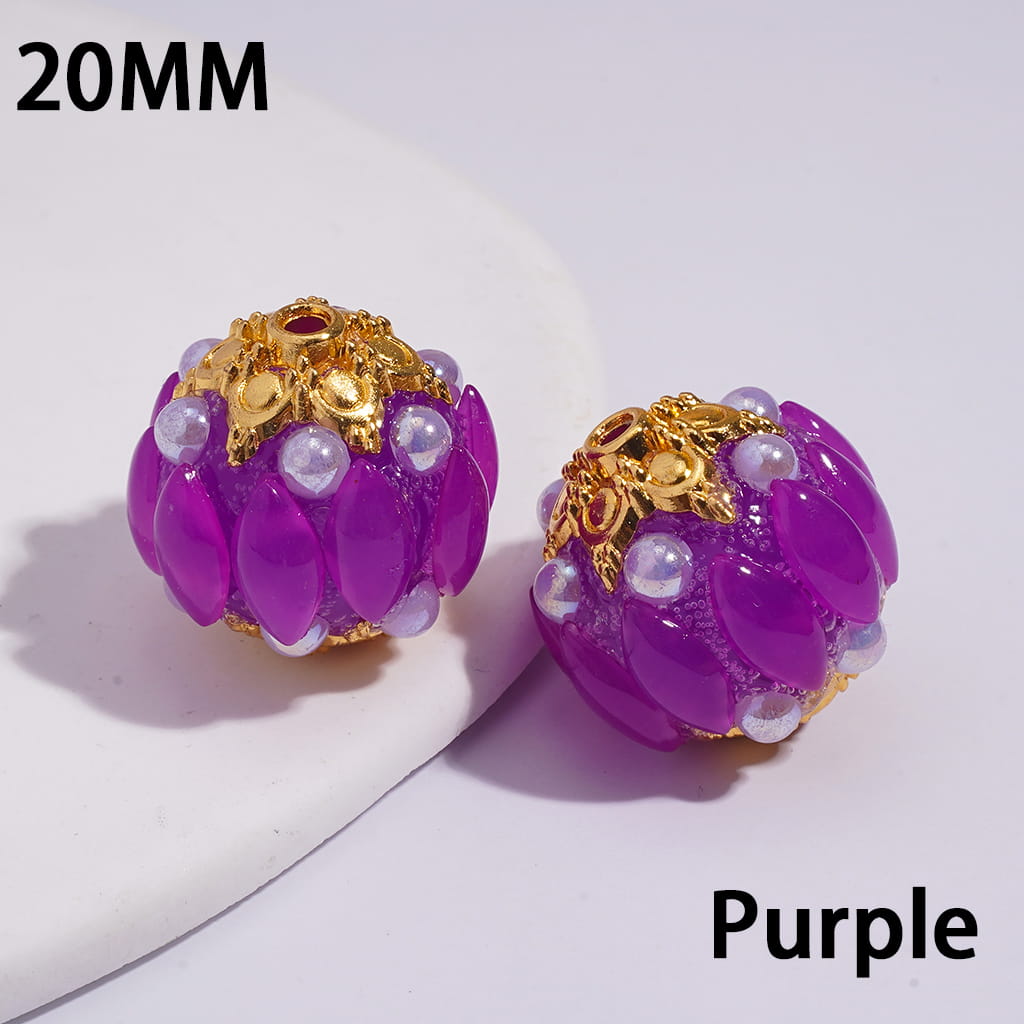 Handmade Acrylic Beads w Gold Alloy Six Pointed Flower on Both Base Sides, w Salix Leaf Rhinestones and Half-Shell Pearls, Candy Colors, 20MM