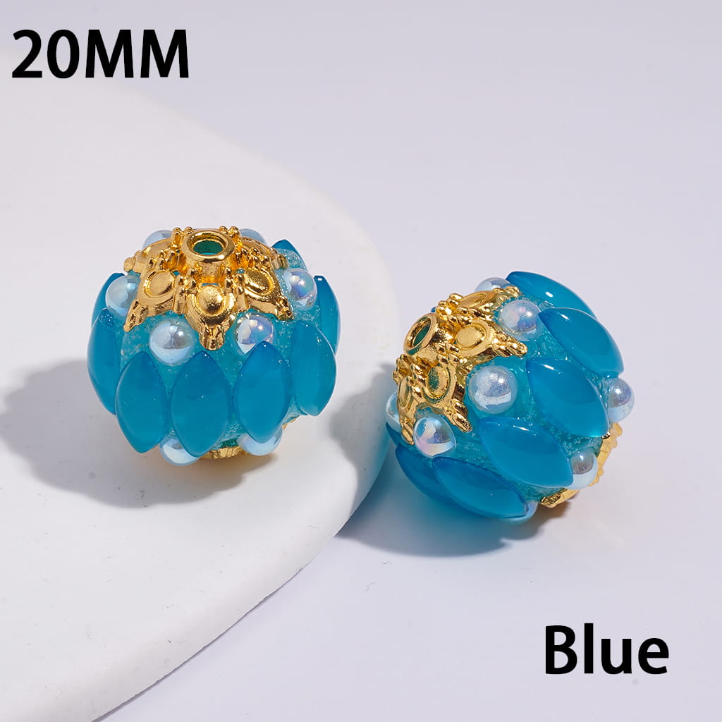 Handmade Acrylic Beads w Gold Alloy Six Pointed Flower on Both Base Sides, w Salix Leaf Rhinestones and Half-Shell Pearls, Candy Colors, 20MM