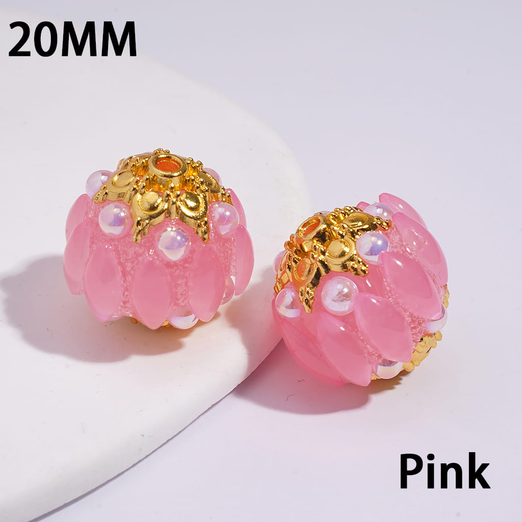 Handmade Acrylic Beads w Gold Alloy Six Pointed Flower on Both Base Sides, w Salix Leaf Rhinestones and Half-Shell Pearls, Candy Colors, 20MM