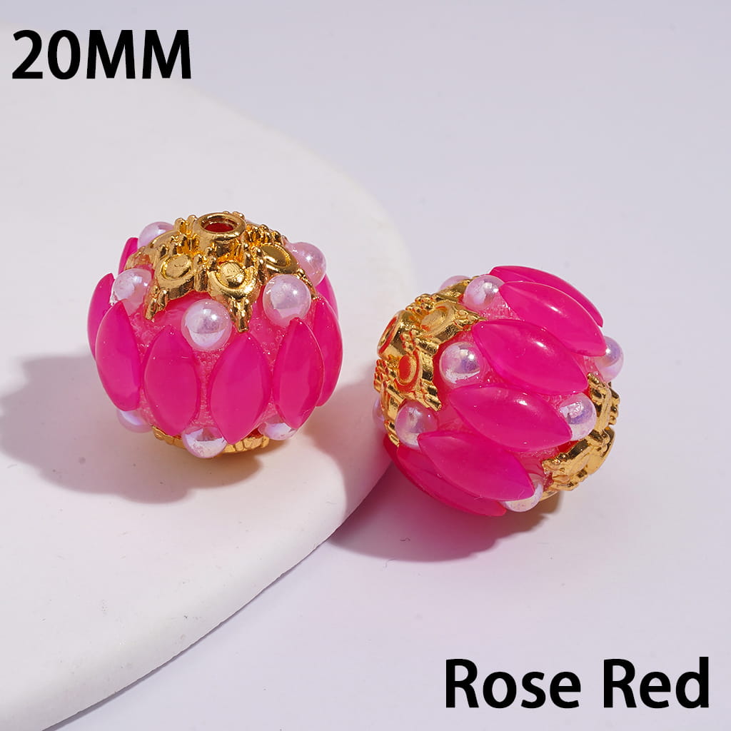 Handmade Acrylic Beads w Gold Alloy Six Pointed Flower on Both Base Sides, w Salix Leaf Rhinestones and Half-Shell Pearls, Candy Colors, 20MM