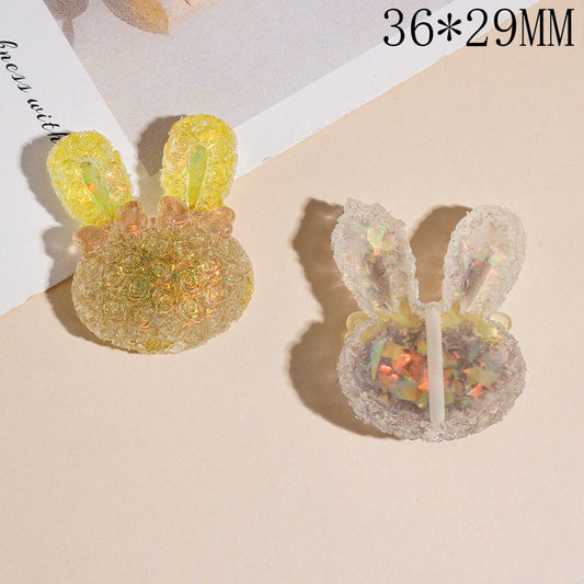 Matte Frosted Rose Flower Bunny Head with Two Bows & Gold Foil Paper Acrylic Beads, 36*29MM, Multi-Color, Random Mix