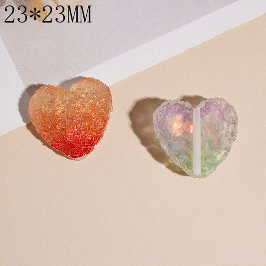 Acrylic Beads Heart with Matte Frosted Rose Flowers, 23*23MM, Valentine's Day Theme, Multi-Color, Random Mix