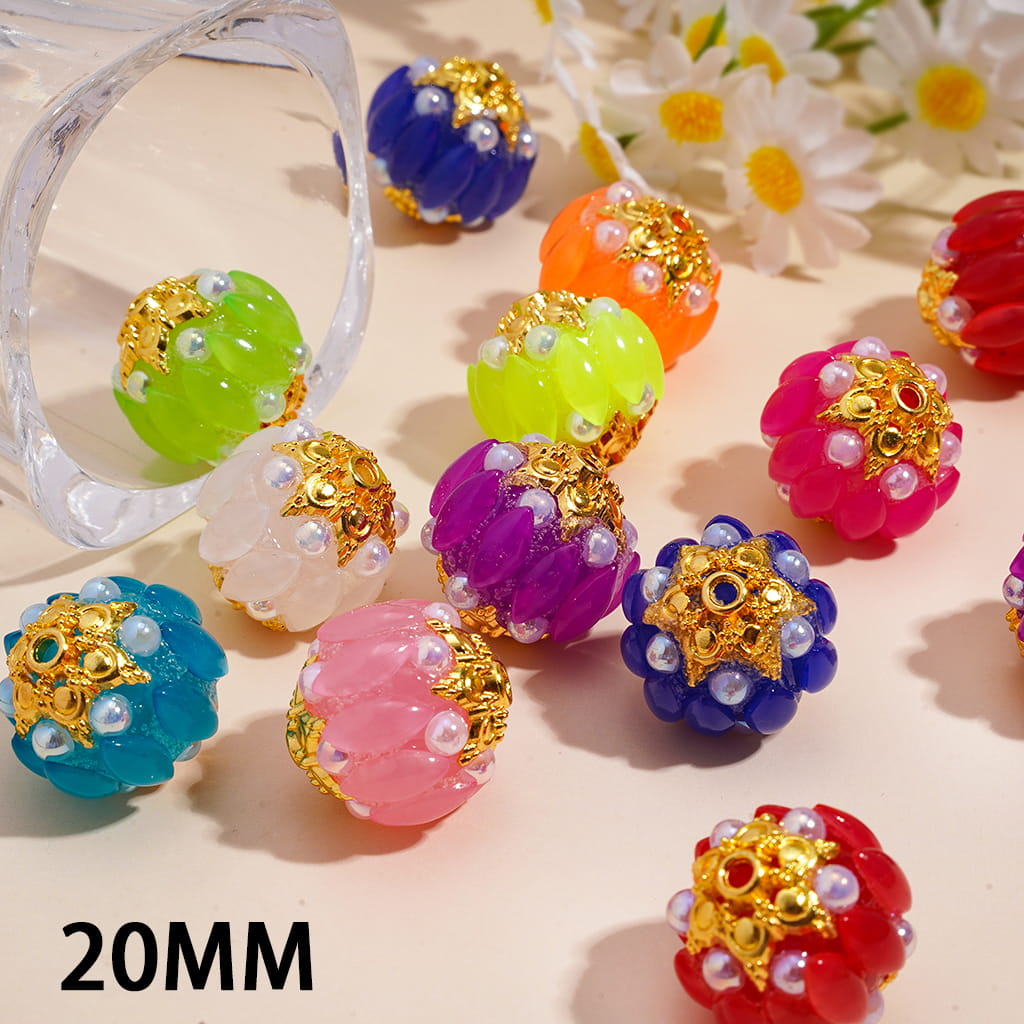 Handmade Acrylic Beads w Gold Alloy Six Pointed Flower on Both Base Sides, w Salix Leaf Rhinestones and Half-Shell Pearls, Candy Colors, 20MM