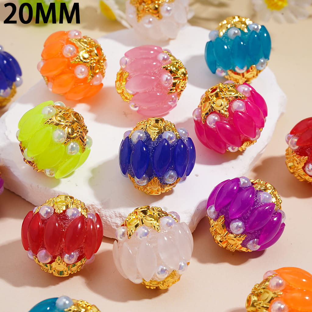 Handmade Acrylic Beads w Gold Alloy Six Pointed Flower on Both Base Sides, w Salix Leaf Rhinestones and Half-Shell Pearls, Candy Colors, 20MM