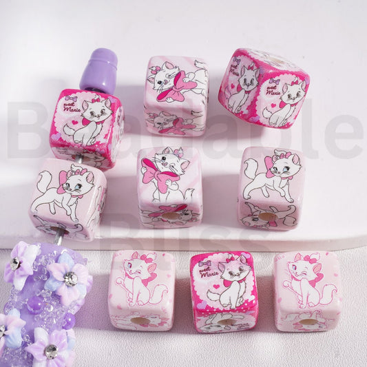 Acrylic Beads Cube Square Shape Cute Mari Cat, Pink Series, 14MM, Random Mix