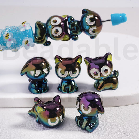 Acrylic Beads UV Coating Cute Black Cat Luoxiaoh with Big Eyes, Random Mix