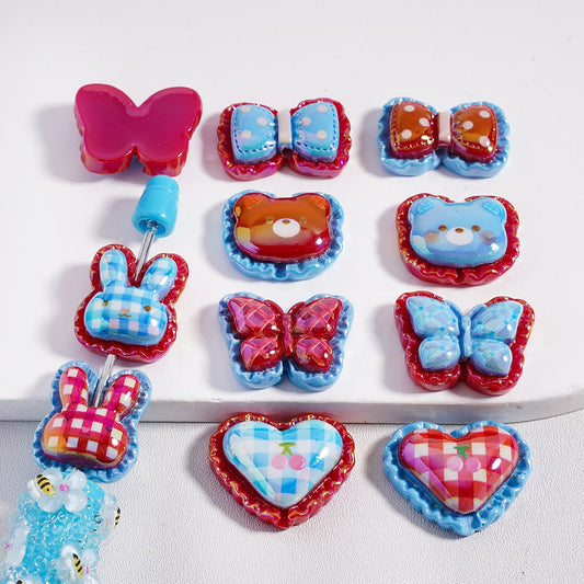 Acrylic Beads UV Coating Cute Wavy-Side Bear Head Butterfly Bowknot, Blue & Red, Random Mix