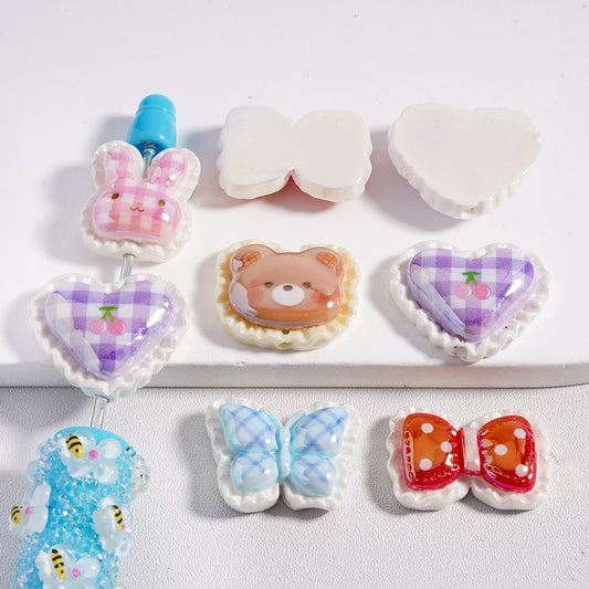 Acrylic Beads UV Coating Cute Wavy-Side Bear Head Heart Bowknot Bunny Head Butterfly, Random Mix