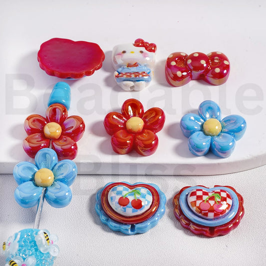 Acrylic Beads UV Coating Cute Flower Bowknot Heart Hello Kitt, Random Mix