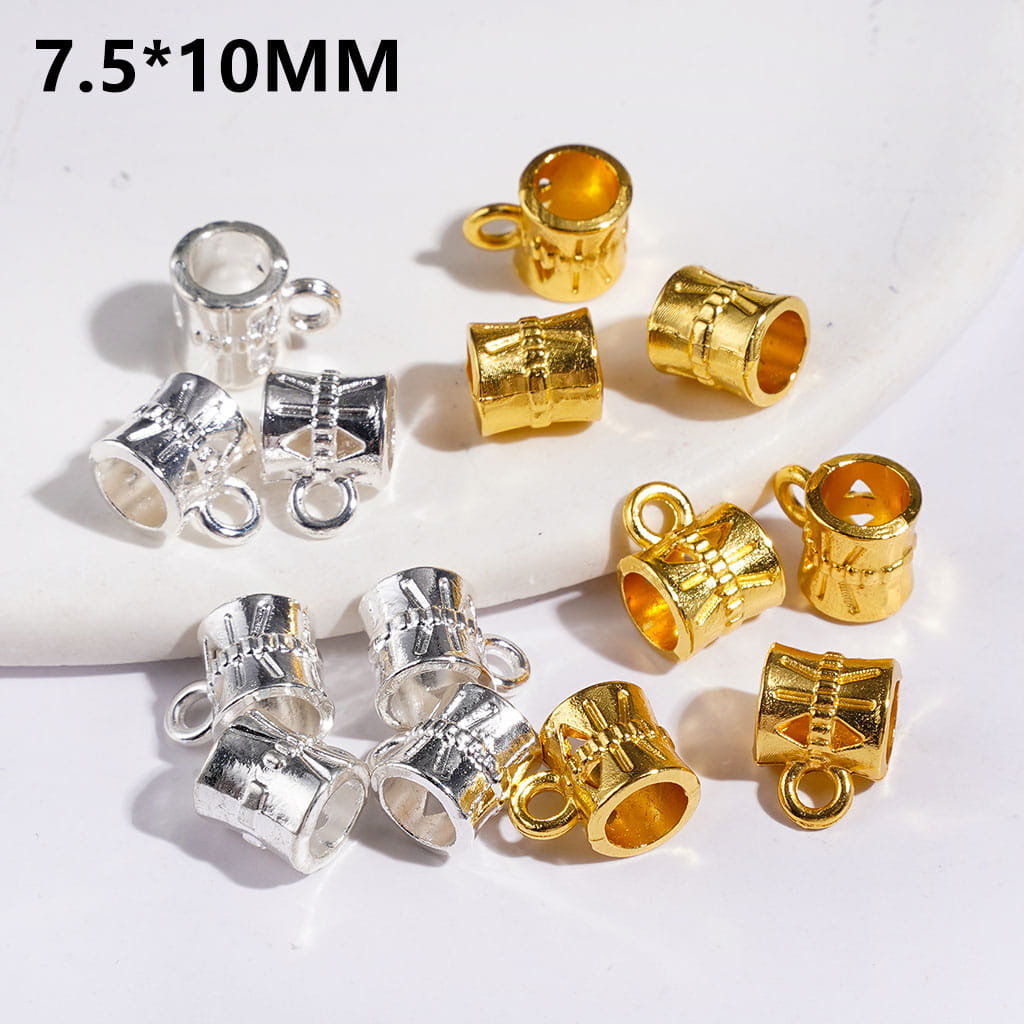 Hollowed Drum Shape Metal Bail Beads for Charms and Pendants, Jewelry Accessories, 7.5*10MM, Large Hole, Silver and Gold (The Diameter is Around 4.5MM)