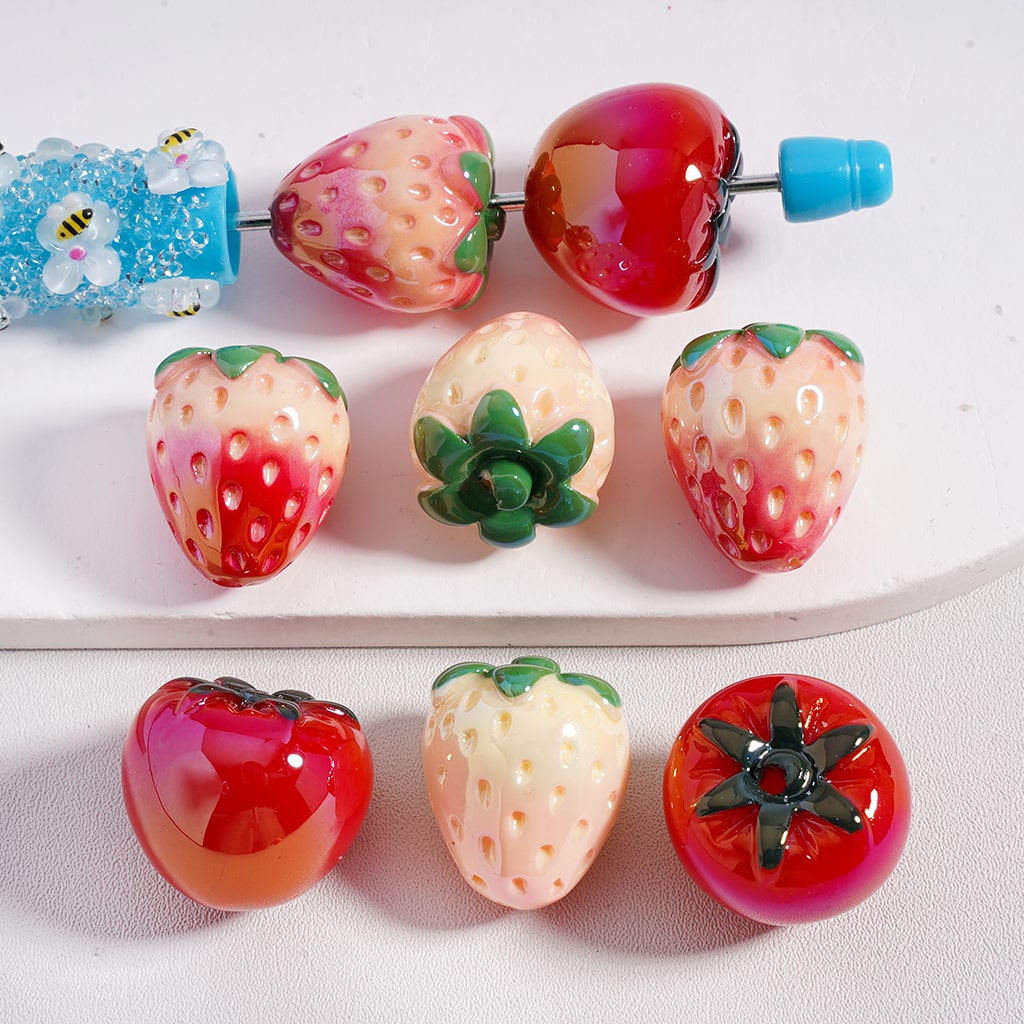 Acrylic Beads UV Coating Cute Strawberries Tomatoes, Random Mix
