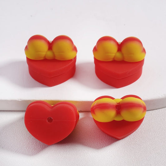 Silicone Focal Beads 3D Cute Red Heart Shape  Gift Box with Bowknot