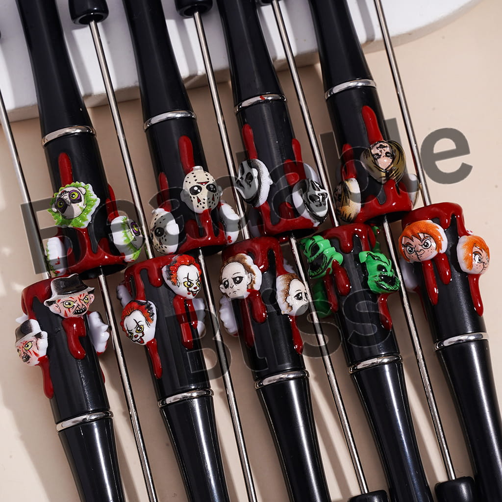 Handcrafted Beadable Pens with Halloween Head-Parts Horror Character Series and Red Liquid Prints