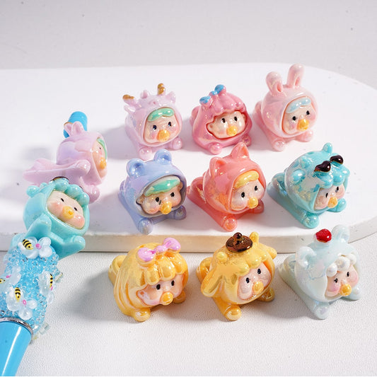 Acrylic Beads UV Coating Cute Baby with Nipple in Bunny Costume, Random Mix