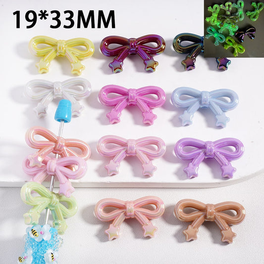 Acrylic Beads UV Coating Luminous Cute Bowknot with Mini Star, 19*33MM, Random Mix