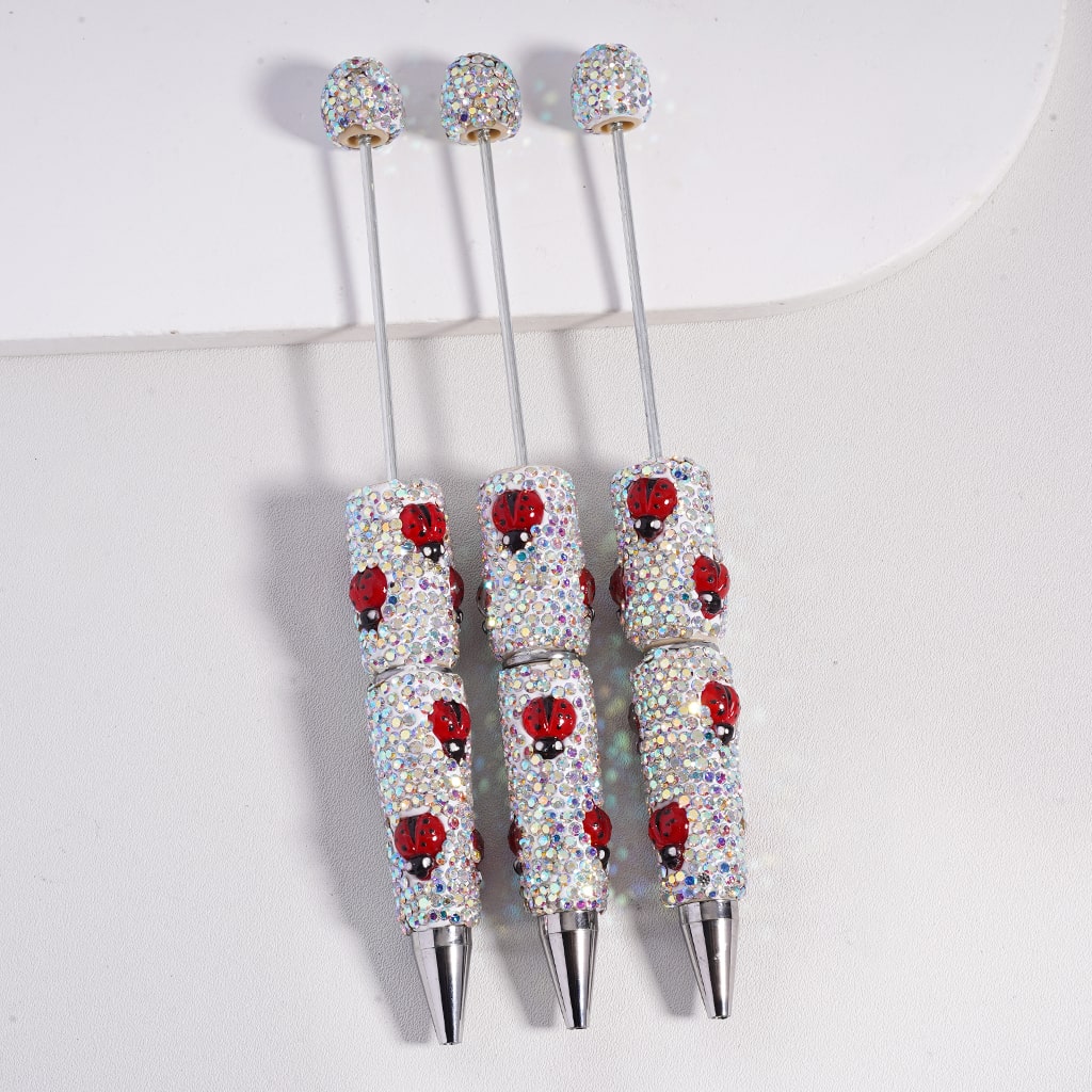Beadable Clay Pens with Cute Vivid Ladybugs Shiny Red Rhinestones Covered the Entire Pen