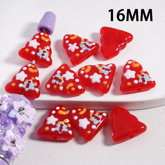 Acrylic Beads Mini Cute Red & Green Christmas Tree with Colorful Dots, 16MM Height