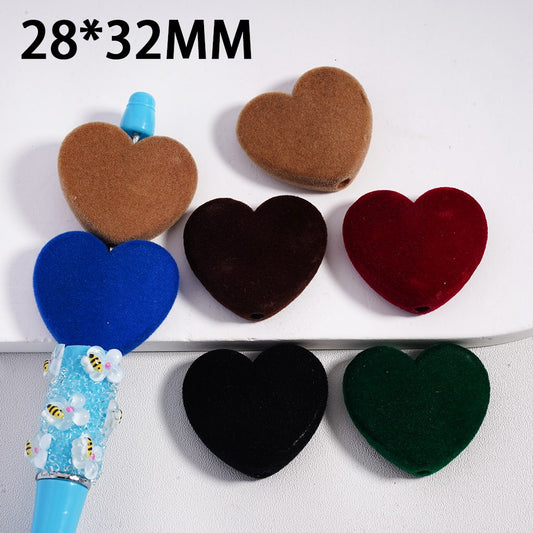 Acrylic Beads Flocked Fluffy Hearts, Dark Colors, 28*32MM, Random Mix