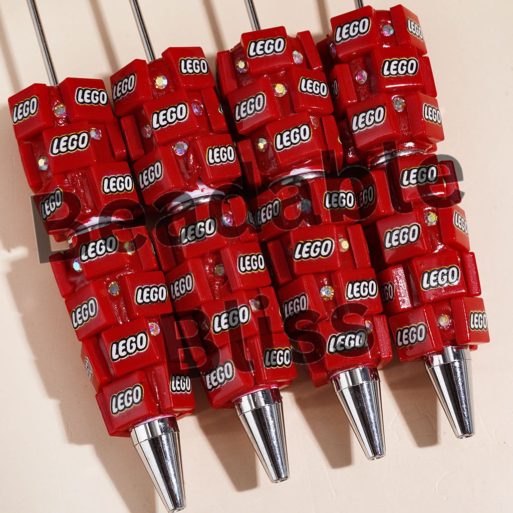 Beadable Clay Pens with Building Block Bricks Pattern and AB Rhinestones