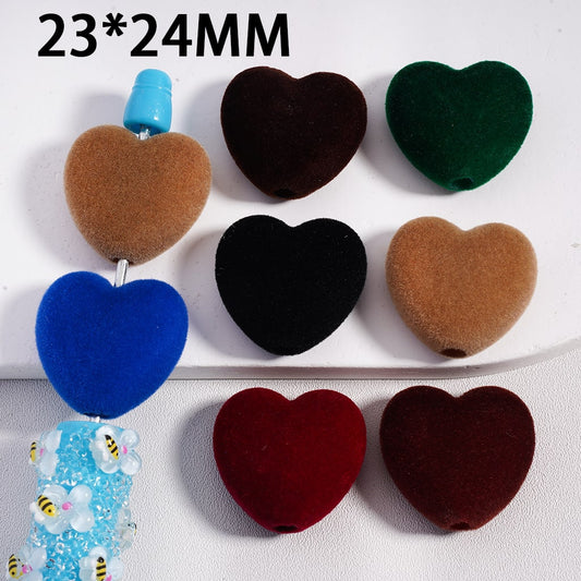 Acrylic Beads Flocked Fluffy Hearts, Dark Colors, 23*24MM, Random Mix