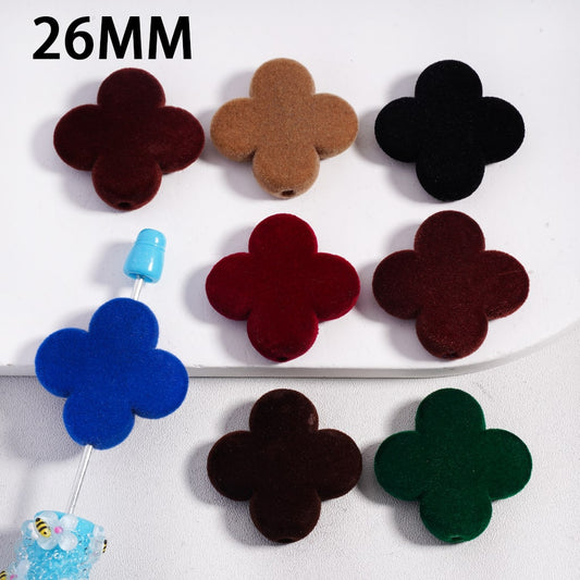 Acrylic Beads Cute Flocked Fluffy Four Leaf Clover Flower, Dark Colors, 26MM, Random Mix