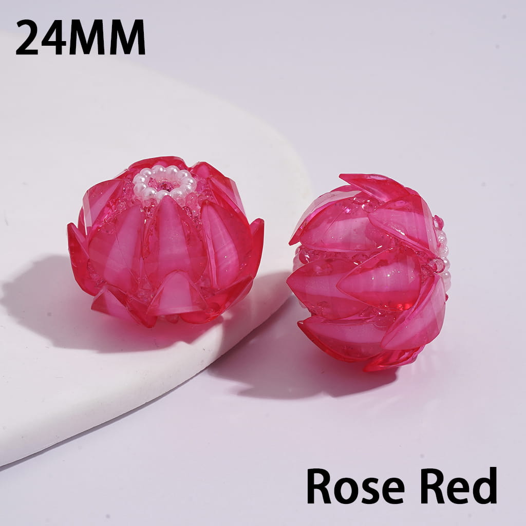 Handmade Blooming Lotus Flower Sugar Acrylic Beads Water Drop Petals Rhinestones and White Pearl Chains in Soft Rubber Process, 24MM, Multi-Color