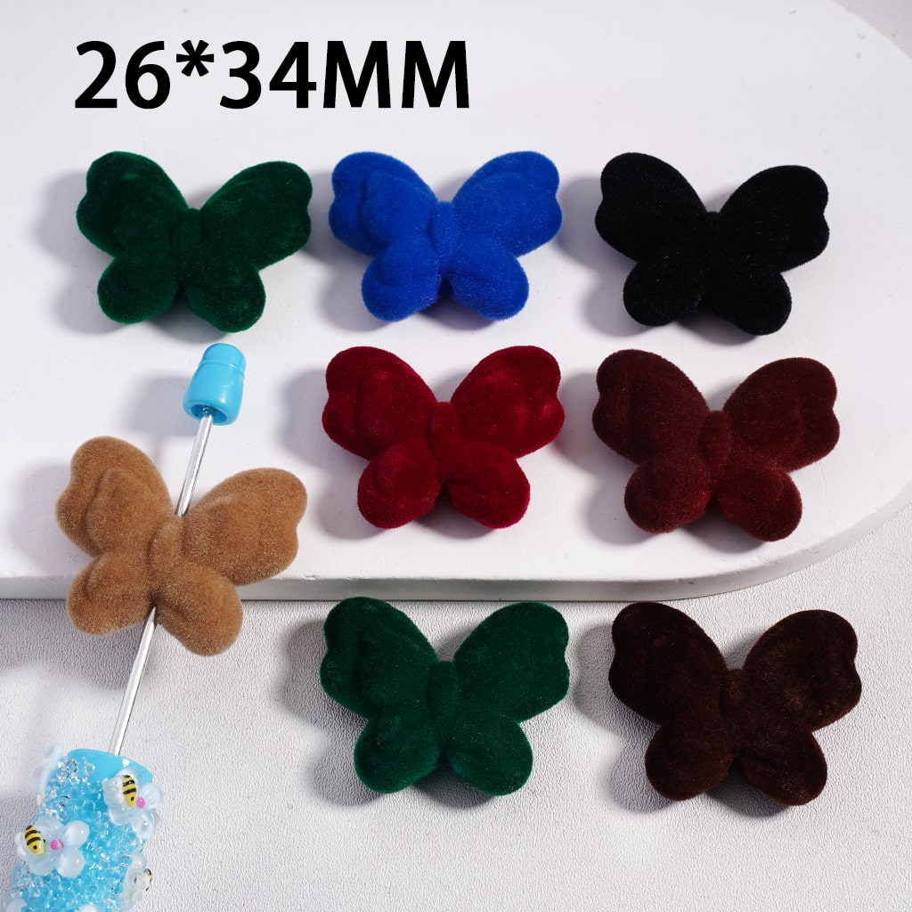 Acrylic Beads Flocked Fluffy Double-Layer Butterflies, Dark Colors, 26*34MM, Random Mix