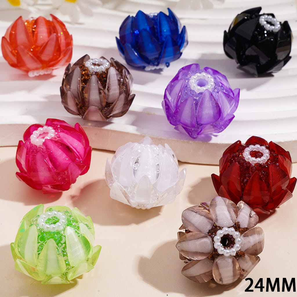 Handmade Blooming Lotus Flower Sugar Acrylic Beads Water Drop Petals Rhinestones and White Pearl Chains in Soft Rubber Process, 24MM, Multi-Color