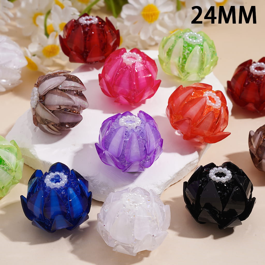 Handmade Blooming Lotus Flower Sugar Acrylic Beads Water Drop Petals Rhinestones and White Pearl Chains in Soft Rubber Process, 24MM, Multi-Color