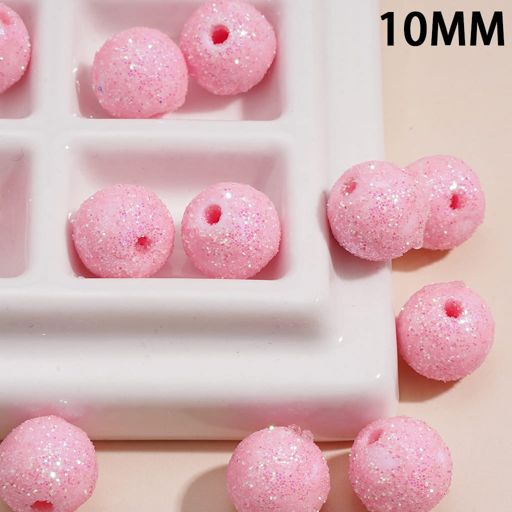 Acrylic Beads for Bracelets Pink Round with Shiny Glitters, 10MM, Small Size