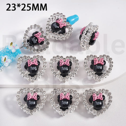 Fancy Silver Alloy Heart Frame Beads with Cute Minn Head Clear Rhinestones, 23*25MM