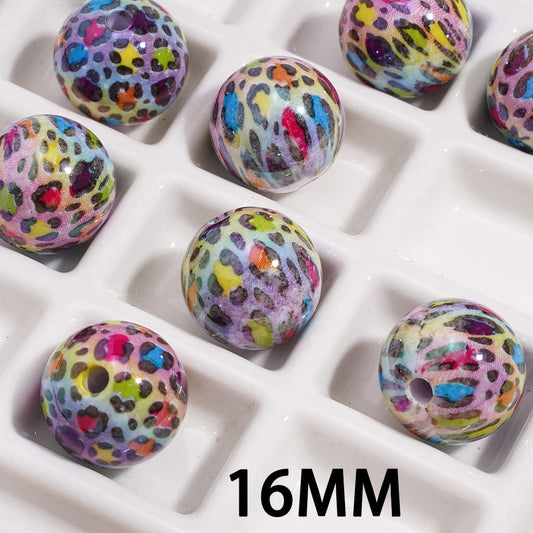 光沢のあるカラフルなジャガープリントの丸型アクリルビーズ、16MM 