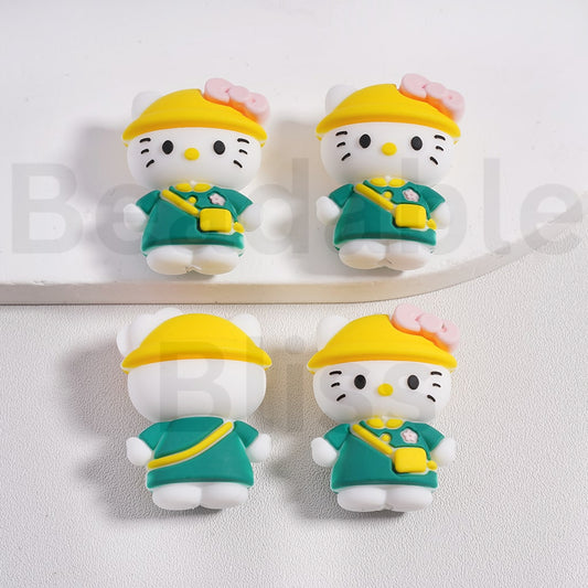 Silicone Focal Beads 3D Cute Hello Kitt in Green with Yellow Hat