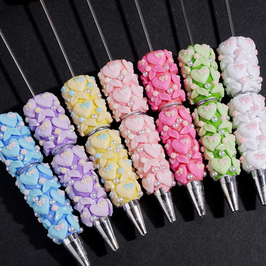 Fishtail and Heart with Bowtie Text "Love" Beadable Clay Pens, White Pearl, Multi-Color