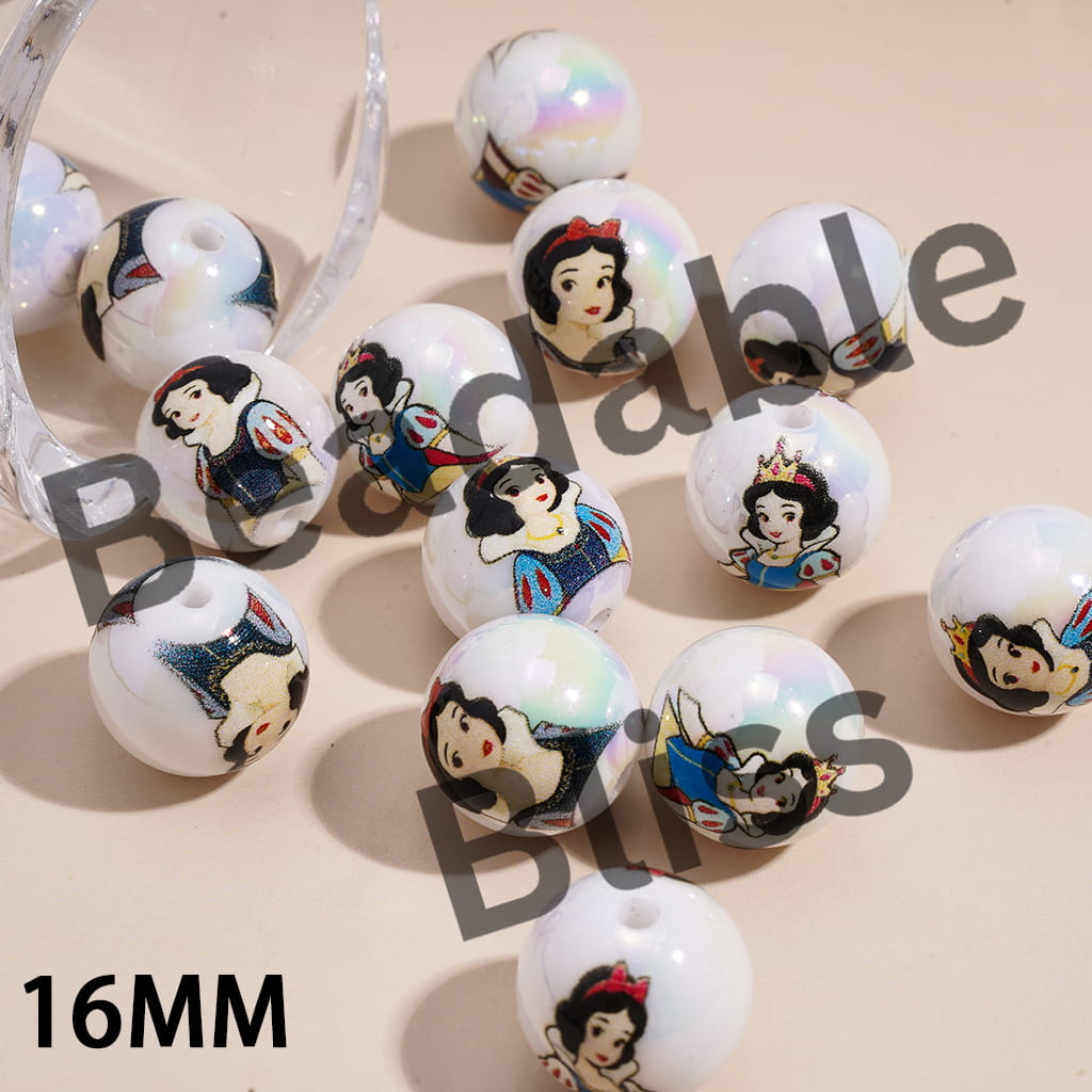 Acrylic Beads for Bracelets UV Coating with Classic White Snow Princess Prints, 16MM, Random Mix