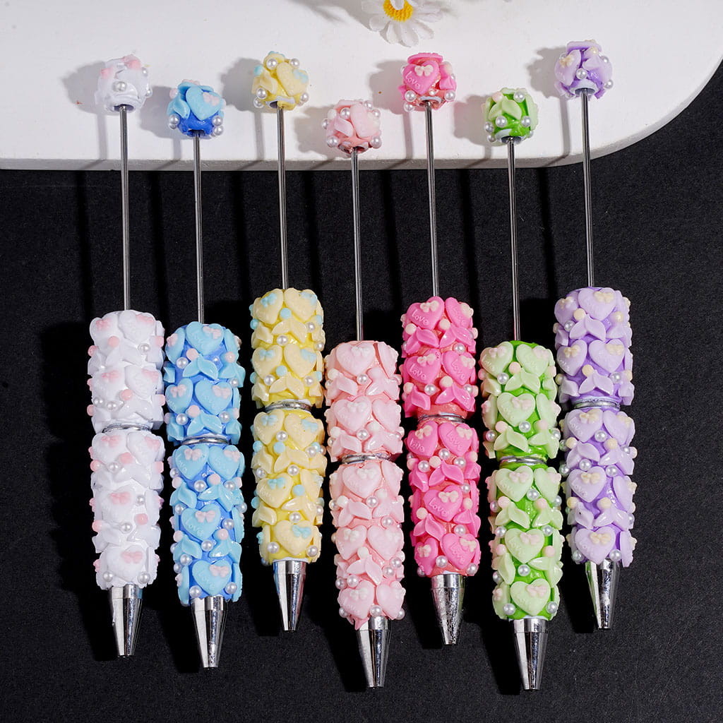 Fishtail and Heart with Bowtie Text "Love" Beadable Clay Pens, White Pearl, Multi-Color