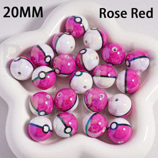 Pink and white beads with a pattern on a white dish, labeled '20MM Rose Red'.

