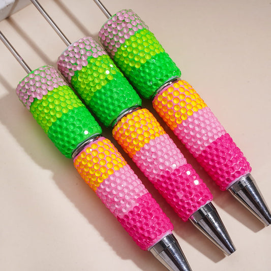 Beadable Clay Pens with Shiny Rainbow Stripes Rhinestones in Neon Colors Covered the Entire Pens