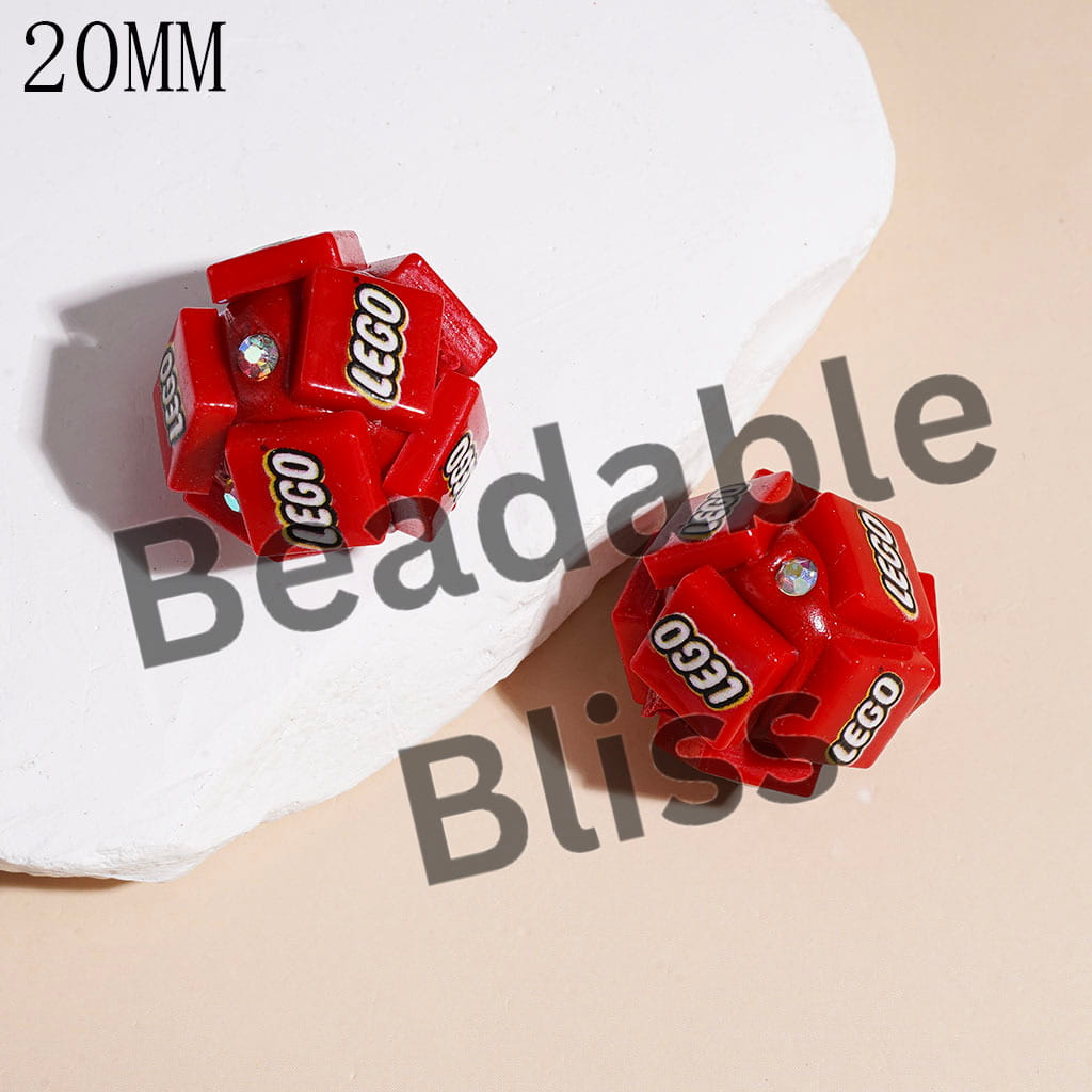 Clay Beads with Building Block Bricks Pattern and AB Rhinestones on Red Background, 20MM