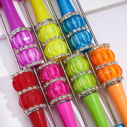 Handcrafted Beadable Pens with Double Layers Leaf Rhinestones and Clear Rhinestone Chains, Neon Colors