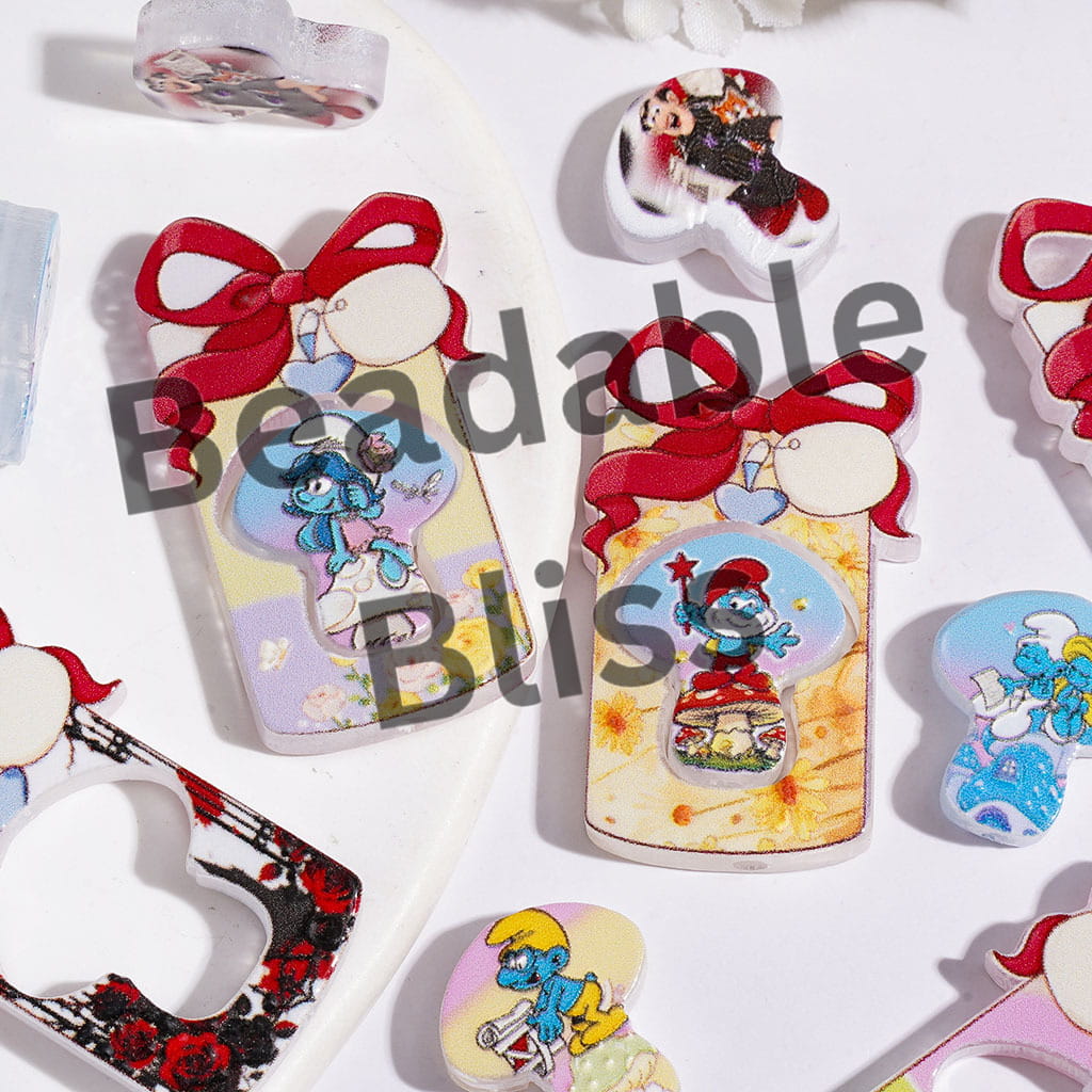 Blue Elf Character Series Acrylic Beads, Bottle-Shaped Frame w Red Bow and Mushroom, Random Mix (Please Read Description)